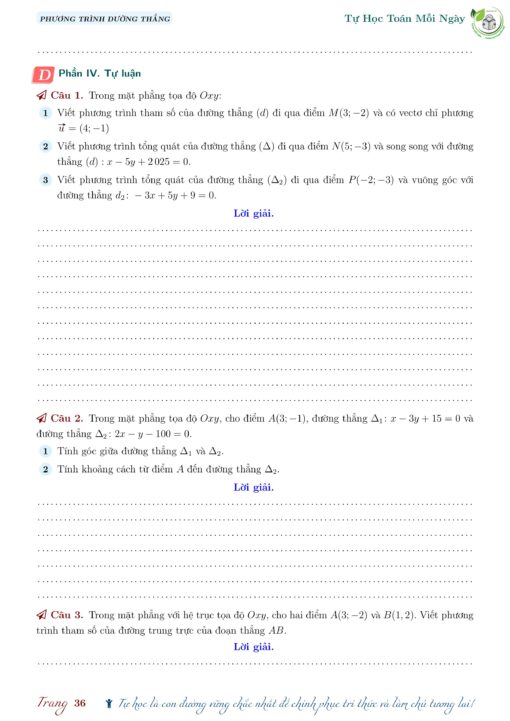Toán 10 | Bài tập Phương trình đường thẳng có dòng kẻ (có đáp án) - Hình ảnh 6