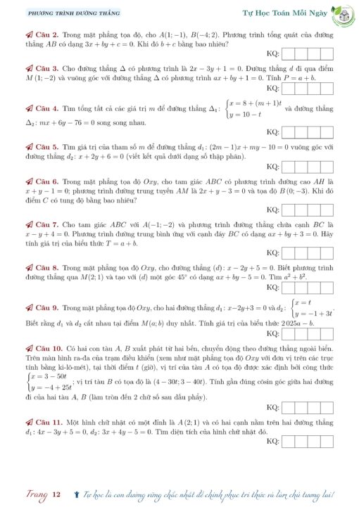 Toán 10 | Bài tập Phương trình đường thẳng (có đáp án) - Hình ảnh 6
